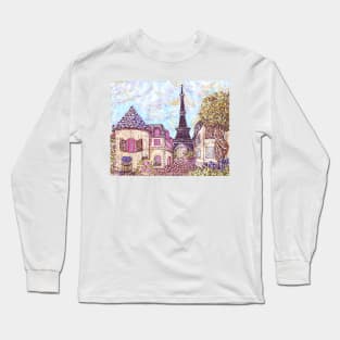 Paris Eiffel Tower Inspired Landscape Pointillism Long Sleeve T-Shirt